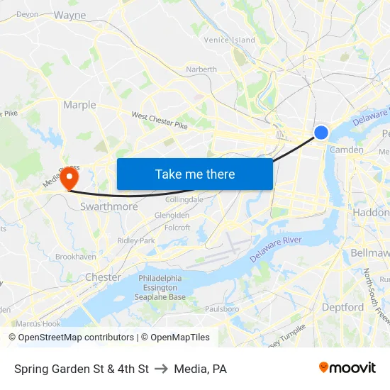 Spring Garden St & 4th St to Media, PA map