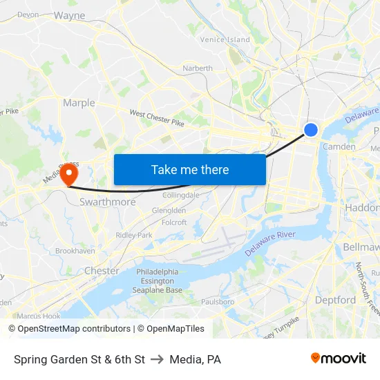Spring Garden St & 6th St to Media, PA map