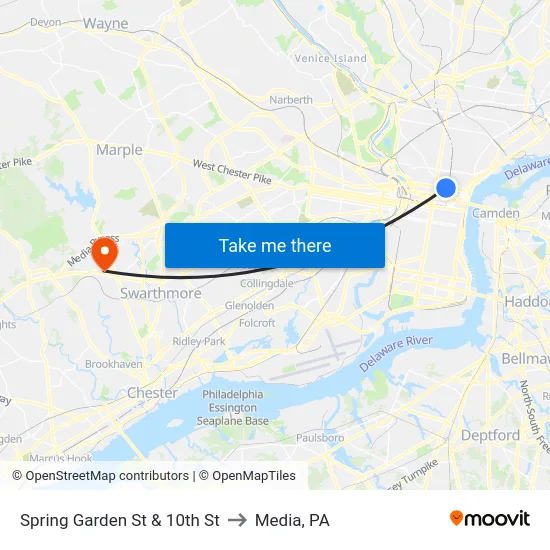Spring Garden St & 10th St to Media, PA map