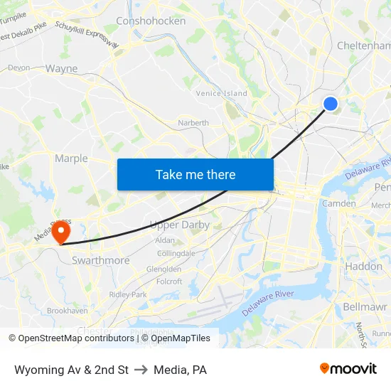 Wyoming Av & 2nd St to Media, PA map