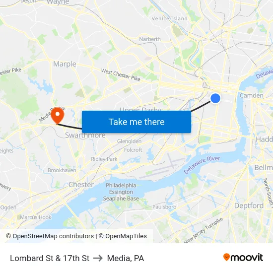 Lombard St & 17th St to Media, PA map