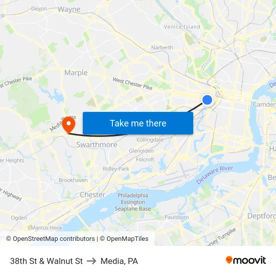 38th St & Walnut St to Media, PA map