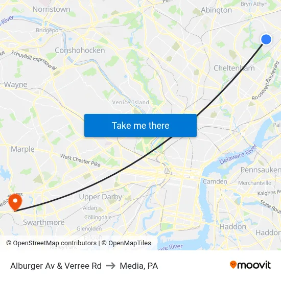Alburger Av & Verree Rd to Media, PA map