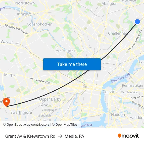 Grant Av & Krewstown Rd to Media, PA map