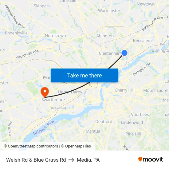 Welsh Rd & Blue Grass Rd to Media, PA map