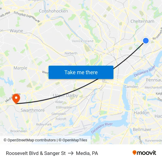 Roosevelt Blvd & Sanger St to Media, PA map