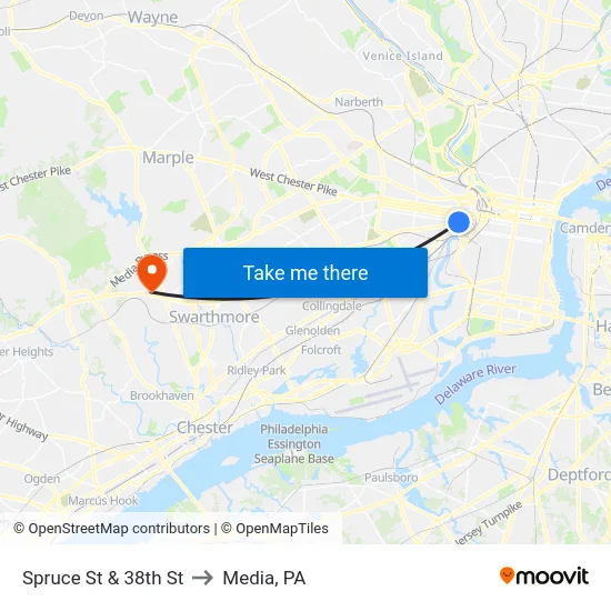 Spruce St & 38th St to Media, PA map