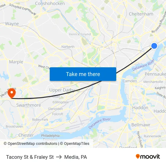 Tacony St & Fraley St to Media, PA map