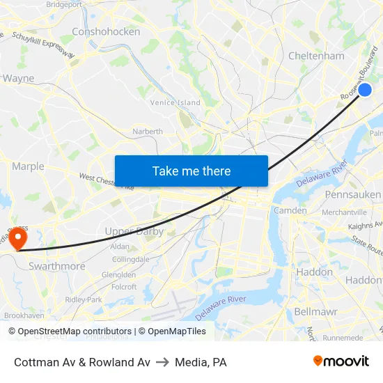 Cottman Av & Rowland Av to Media, PA map