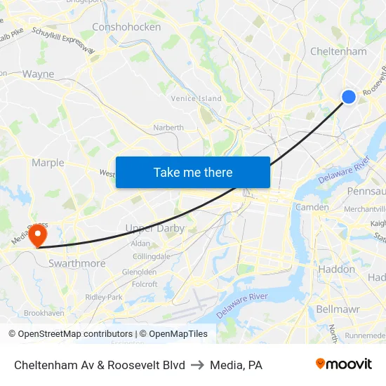 Cheltenham Av & Roosevelt Blvd to Media, PA map