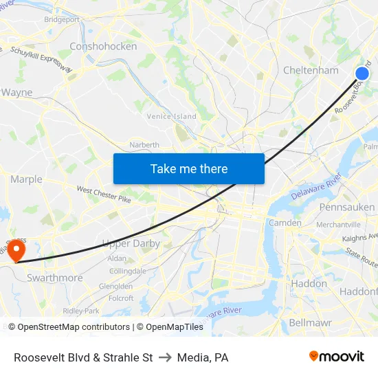 Roosevelt Blvd & Strahle St to Media, PA map