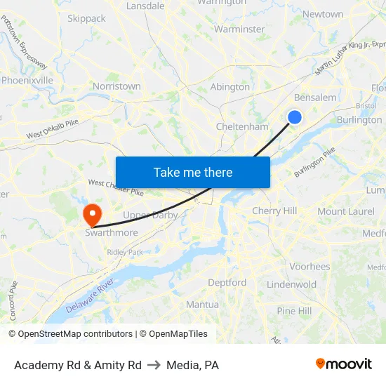 Academy Rd & Amity Rd to Media, PA map