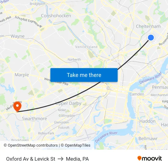 Oxford Av & Levick St to Media, PA map