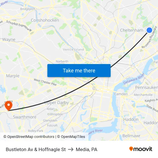 Bustleton Av & Hoffnagle St to Media, PA map