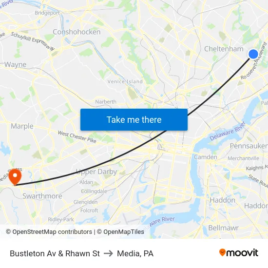 Bustleton Av & Rhawn St to Media, PA map