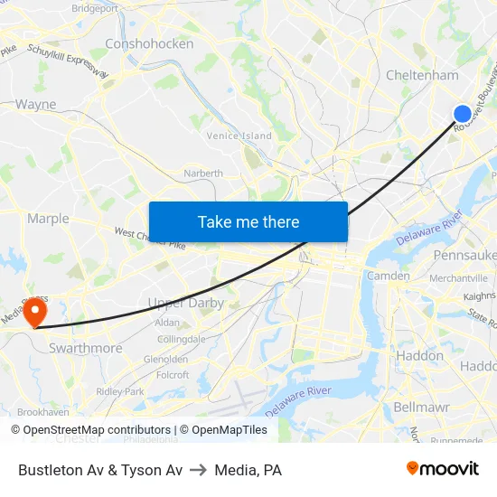 Bustleton Av & Tyson Av to Media, PA map