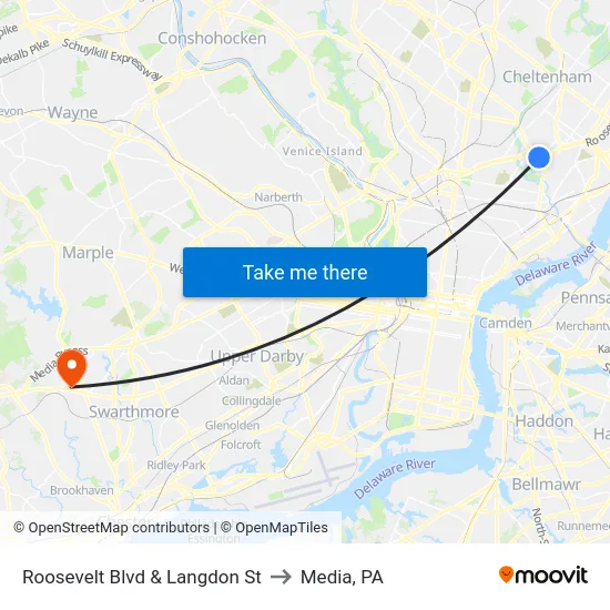 Roosevelt Blvd & Langdon St to Media, PA map