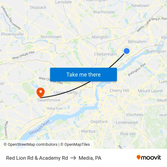 Red Lion Rd & Academy Rd to Media, PA map