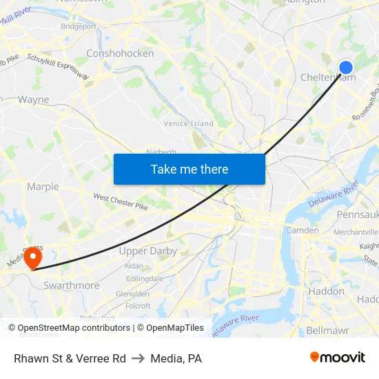 Rhawn St & Verree Rd to Media, PA map