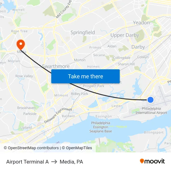 Airport Terminal A to Media, PA map