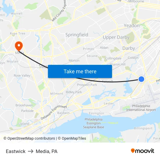 Eastwick to Media, PA map