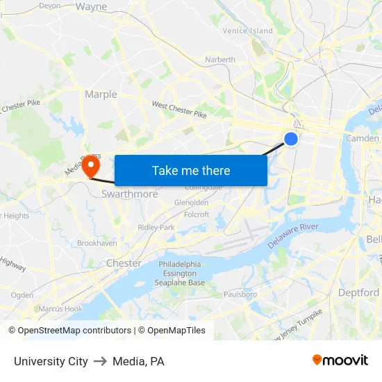 University City to Media, PA map