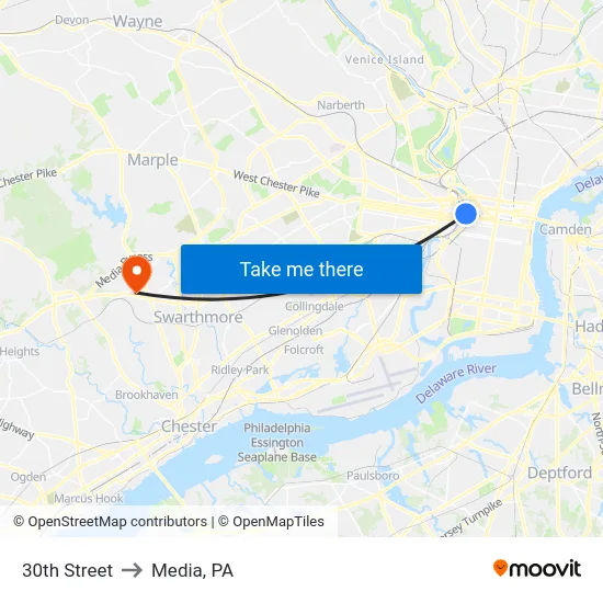 30th Street to Media, PA map