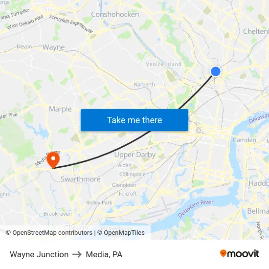 Wayne Junction to Media, PA map
