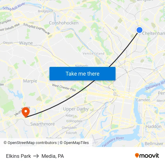 Elkins Park to Media, PA map