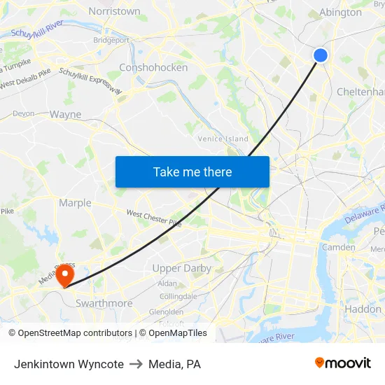 Jenkintown Wyncote to Media, PA map