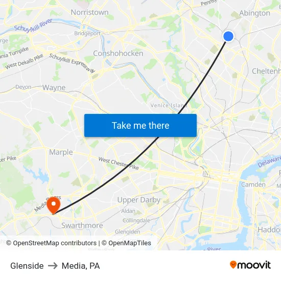Glenside to Media, PA map