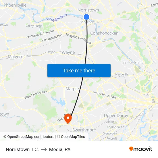Norristown T.C. to Media, PA map