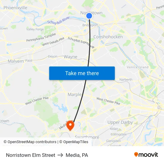 Norristown Elm Street to Media, PA map