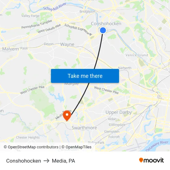 Conshohocken to Media, PA map