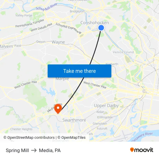 Spring Mill to Media, PA map