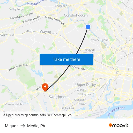 Miquon to Media, PA map