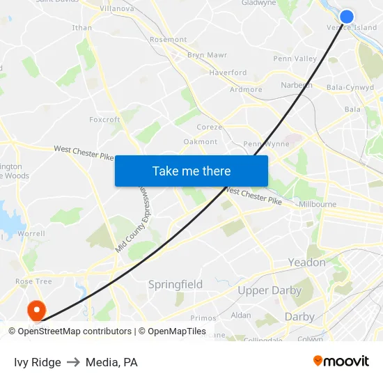 Ivy Ridge to Media, PA map