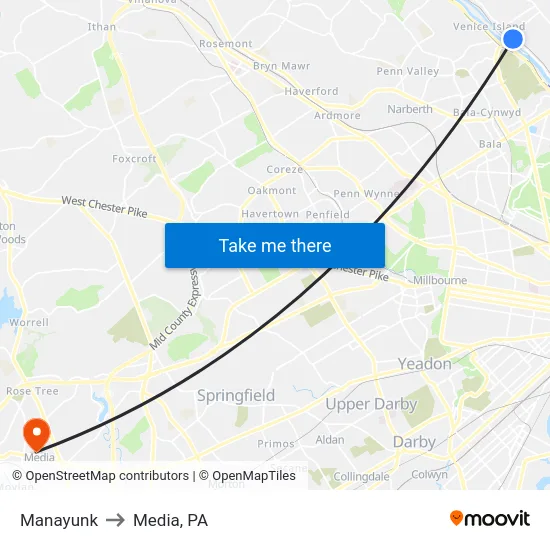Manayunk to Media, PA map