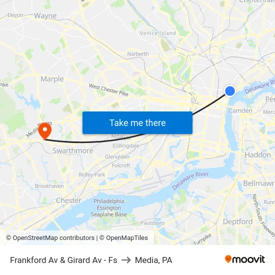 Frankford Av & Girard Av - Fs to Media, PA map