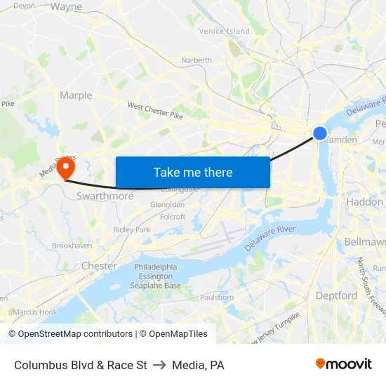 Columbus Blvd & Race St to Media, PA map