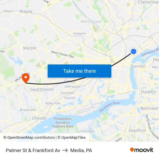 Palmer St & Frankford Av to Media, PA map