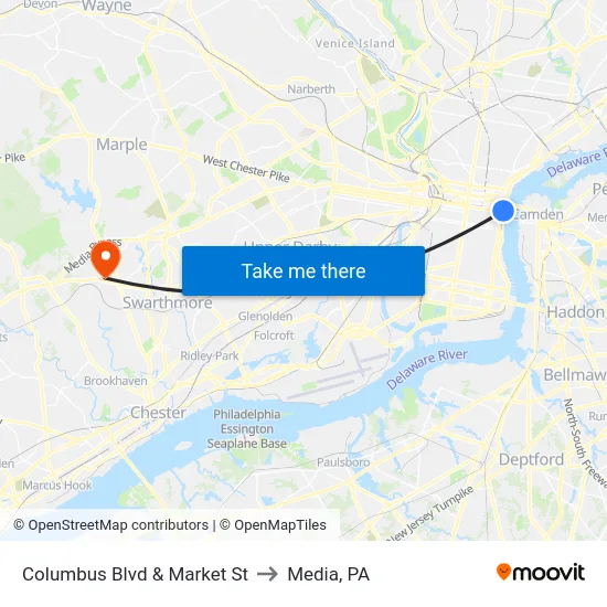 Columbus Blvd & Market St to Media, PA map
