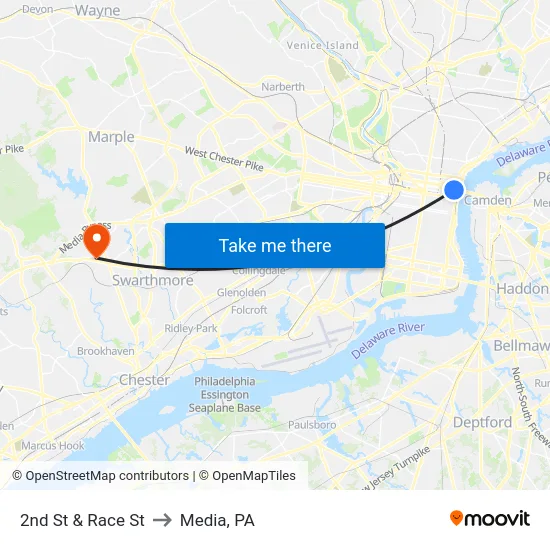 2nd St & Race St to Media, PA map