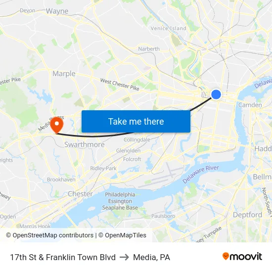 17th St & Franklin Town Blvd to Media, PA map