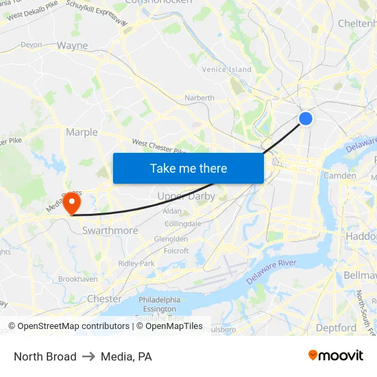 North Broad to Media, PA map