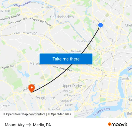 Mount Airy to Media, PA map