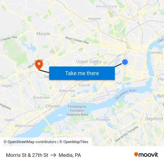 Morris St & 27th St to Media, PA map