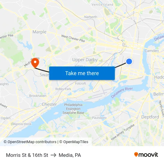 Morris St & 16th St to Media, PA map
