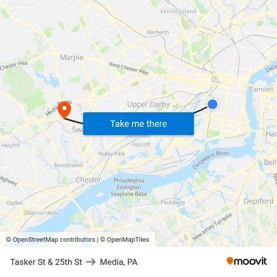 Tasker St & 25th St to Media, PA map