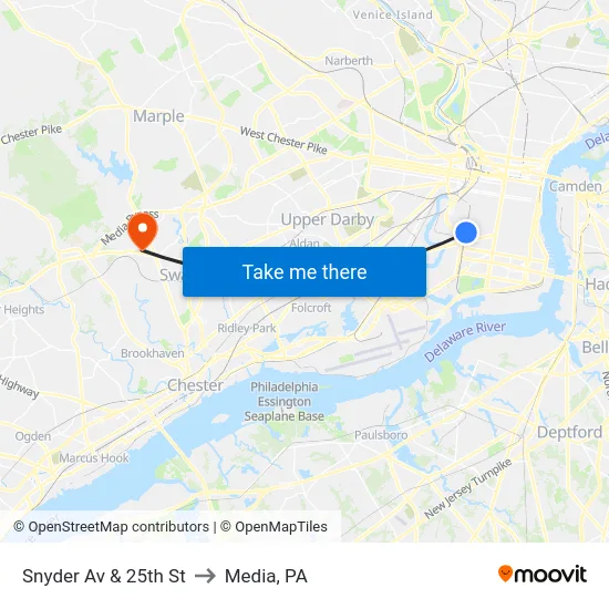 Snyder Av & 25th St to Media, PA map